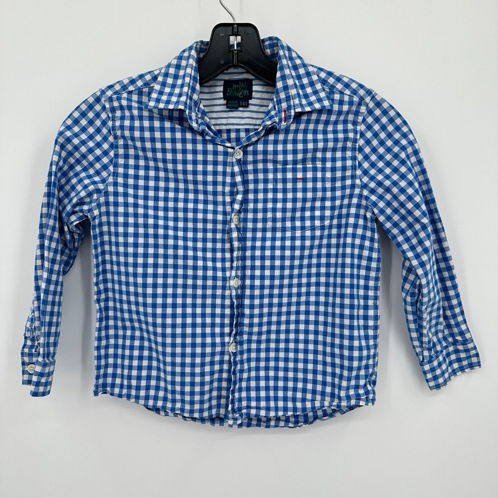 Mini Boden Shirt Kids 5-6Y Blue White Check Button Up Spring Easter Church